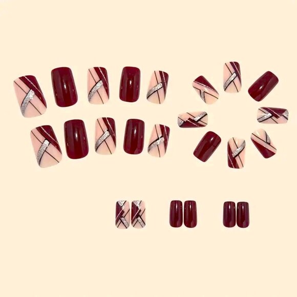 Nails Burgandy Glitter Press On Stylish 24 Stipe Glam Trendy Sexy Reusable Red - Picture 3 of 5